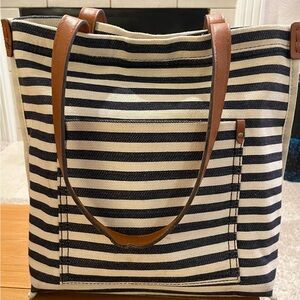 Francesca's Collections Navy Striped Tote with Brown Straps